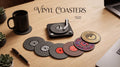 Layerkaar 3D printed vinyl record coaster set with mini turntable holder and tonearm on a wooden desk