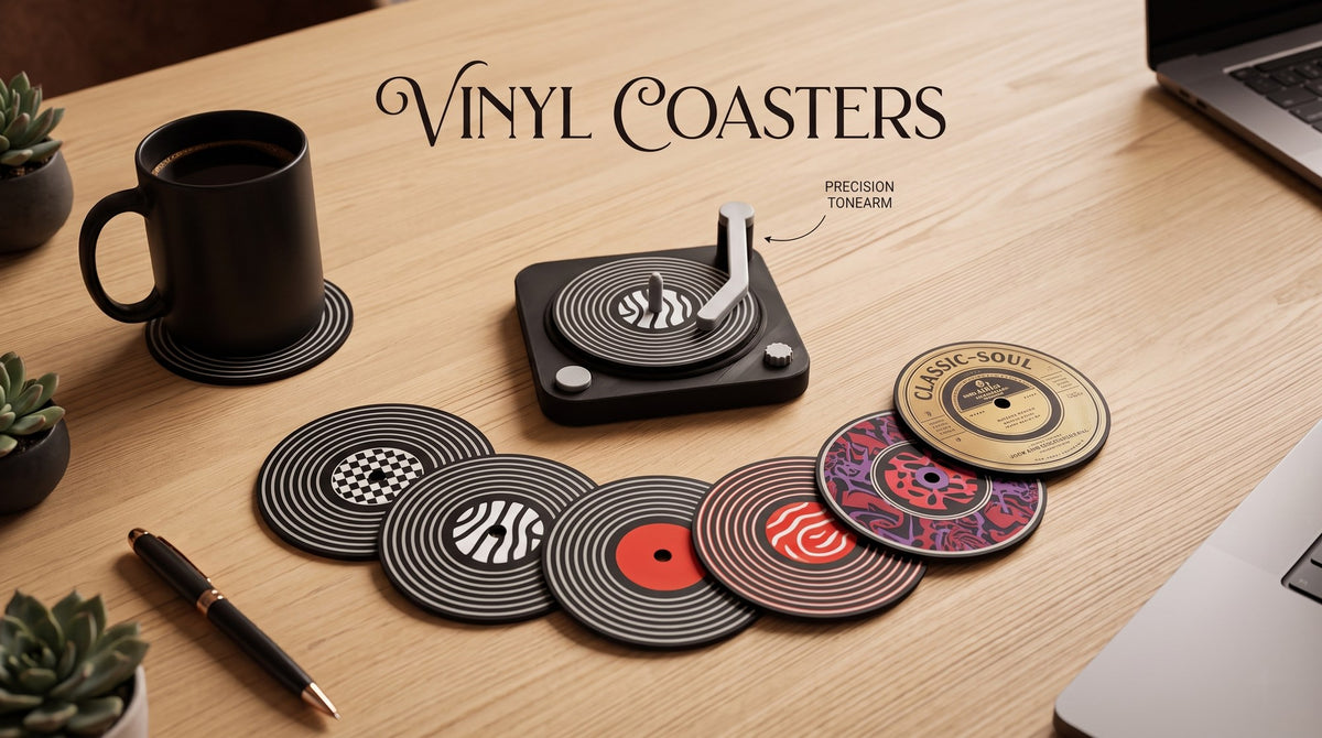 Layerkaar 3D printed vinyl record coaster set with mini turntable holder and tonearm on a wooden desk