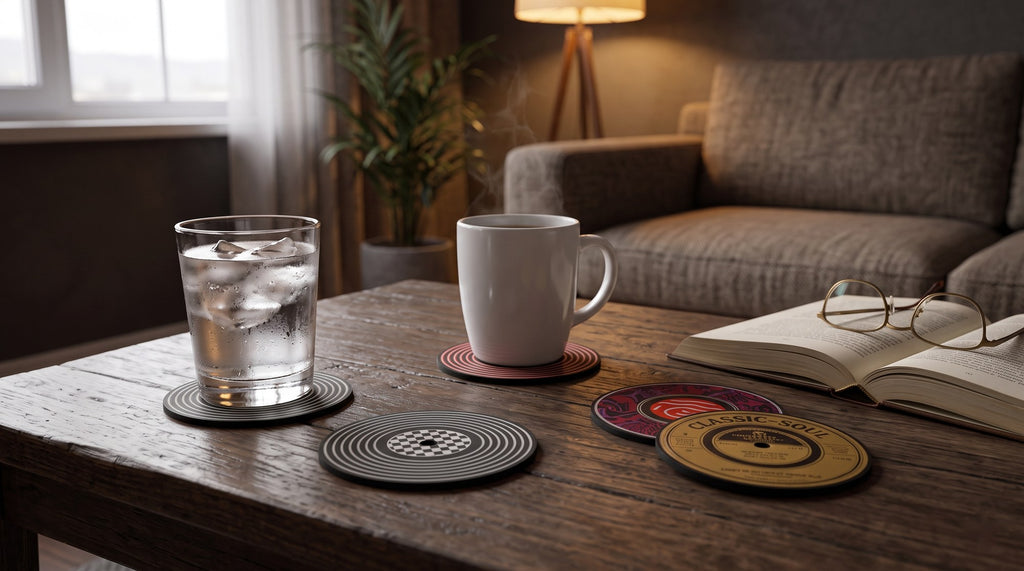 Vinyl record coasters under a glass and coffee mug on a living room table