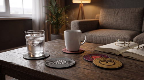 Vinyl record coasters under a glass and coffee mug on a living room table